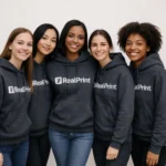 Grup de femei purtand hanorace dark heather iRealPrint personalizate, stil urban modern cu prezenta coerenta si identitate vizuala puternica