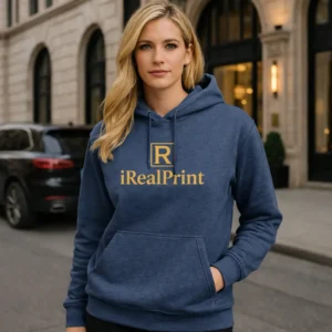 Hanorac damă heather navy într-un outfit urban premium, cu logo contrastant și imagine profesională puternică