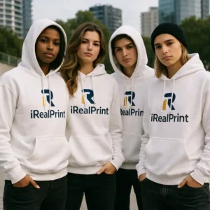 Echipă îmbrăcată în hanorace albe iRealPrint, look modern și coerent în mediu urban