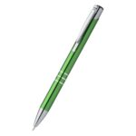 Pix metalic aluminiu personalizat Hello verde văzut din lateral, pix promoțional metalic modern personalizabil cu logo pentru evenimente și campanii de marketing