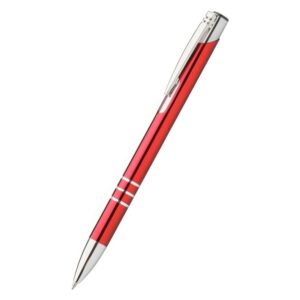 Pix metalic aluminiu personalizat Hello roșu văzut din lateral, pix promoțional metalic modern personalizabil cu logo pentru evenimente și promoții