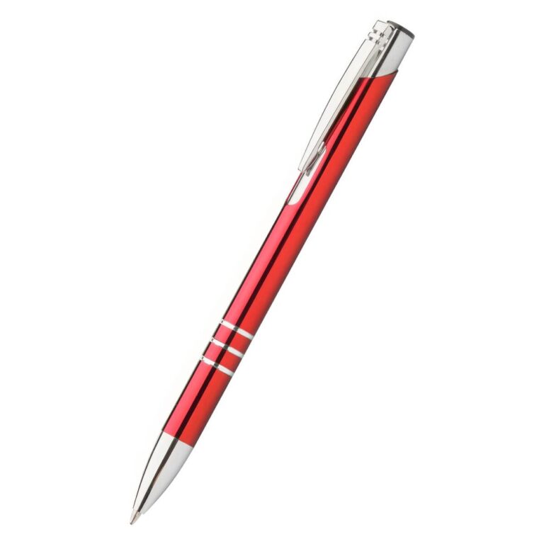 Pix metalic aluminiu personalizat Hello roșu văzut din lateral, pix promoțional metalic modern personalizabil cu logo pentru evenimente și promoții