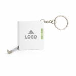 Close-up breloc multifuncțional alb cu ruletă și boloboc integrat, accent pe utilitate și personalizare profesională pentru branding B2B