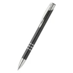 Pix metalic aluminiu Hello negru văzut din lateral pe fundal neutru, pix promoțional metalic modern personalizabil cu logo pentru evenimente și promoții corporate