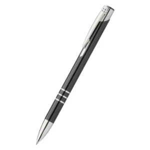 Pix metalic aluminiu Hello negru văzut din lateral pe fundal neutru, pix promoțional metalic modern personalizabil cu logo pentru evenimente și promoții corporate