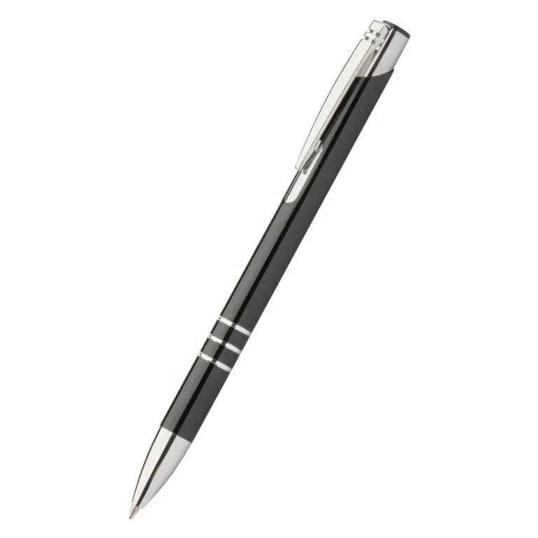 Pix metalic aluminiu Hello negru văzut din lateral pe fundal neutru, pix promoțional metalic modern personalizabil cu logo pentru evenimente și promoții corporate