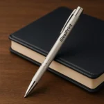Pix metalic aluminiu personalizat Hello argintiu așezat pe agendă pe birou, pix promoțional metalic elegant pentru branding modern și utilizare profesională
