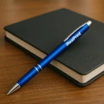 Pix metalic aluminiu personalizat Hello albastru așezat pe notebook pe birou, pix promoțional metalic elegant pentru branding modern și materiale promoționale corporate