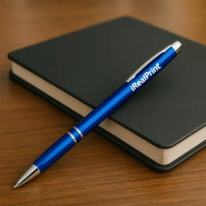 Pix metalic aluminiu personalizat Hello albastru așezat pe notebook pe birou, pix promoțional metalic elegant pentru branding modern și materiale promoționale corporate