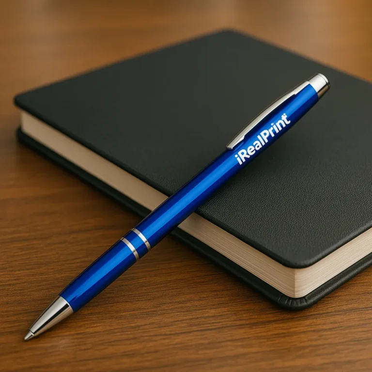 Pix metalic aluminiu personalizat Hello albastru așezat pe notebook pe birou, pix promoțional metalic elegant pentru branding modern și materiale promoționale corporate