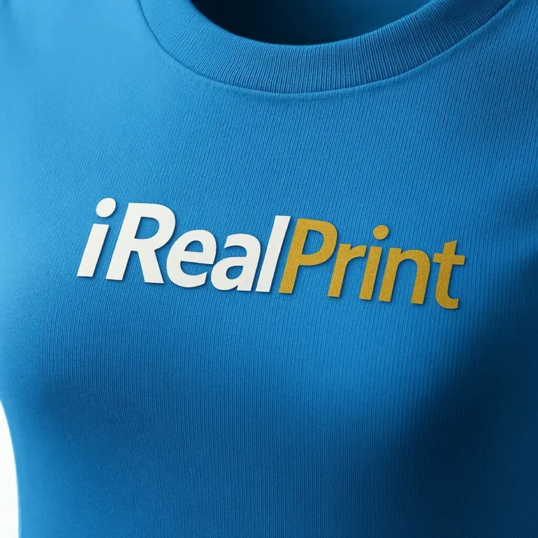 Detaliu personalizare logo iRealPrint aplicat prin transfer termic pe tricou damă albastru, text clar și contrast puternic