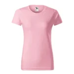 Tricou damă personalizat roz prezentat frontal pe fundal neutru, evidențiind croiala feminină și suprafața ideală pentru personalizare