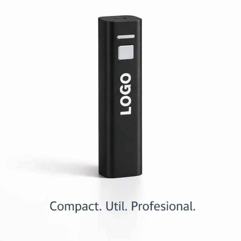 Baterie externă personalizată neagră compactă, power bank promoțional din aluminiu cu mesaj profesional, ideal pentru branding elegant și utilizare zilnică