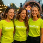 Detaliu personalizare logo iRealPrint aplicat prin transfer termic negru pe tricou damă personalizat lime, evidențiind claritatea printului