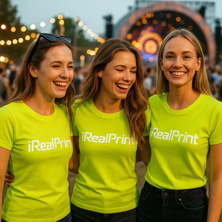 Detaliu personalizare logo iRealPrint aplicat prin transfer termic negru pe tricou damă personalizat lime, evidențiind claritatea printului
