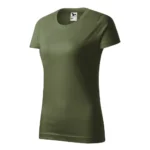Tricou damă personalizat kaki prezentat din perspectivă trei sferturi pentru evidențierea formei și a materialului