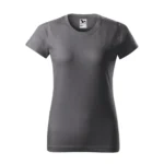 Tricou damă personalizat gri metalic prezentat frontal pe fundal neutru pentru evidențierea croielii feminine și a suprafeței de personalizare