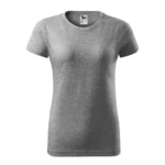 Tricou damă personalizat gri închis prezentat frontal pe fundal neutru pentru evidențierea croielii feminine și a suprafeței de personalizare