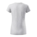 Spate tricou damă personalizat gri deschis prezentat pe fundal neutru pentru evidențierea croielii feminine