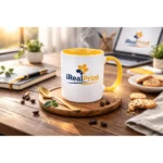 Cană personalizată cu interior galben gold și logo iRealPrint într-un cadru modern de birou cu cafea fierbinte, biscuiți și laptop, sugerând un moment relaxant de lucru