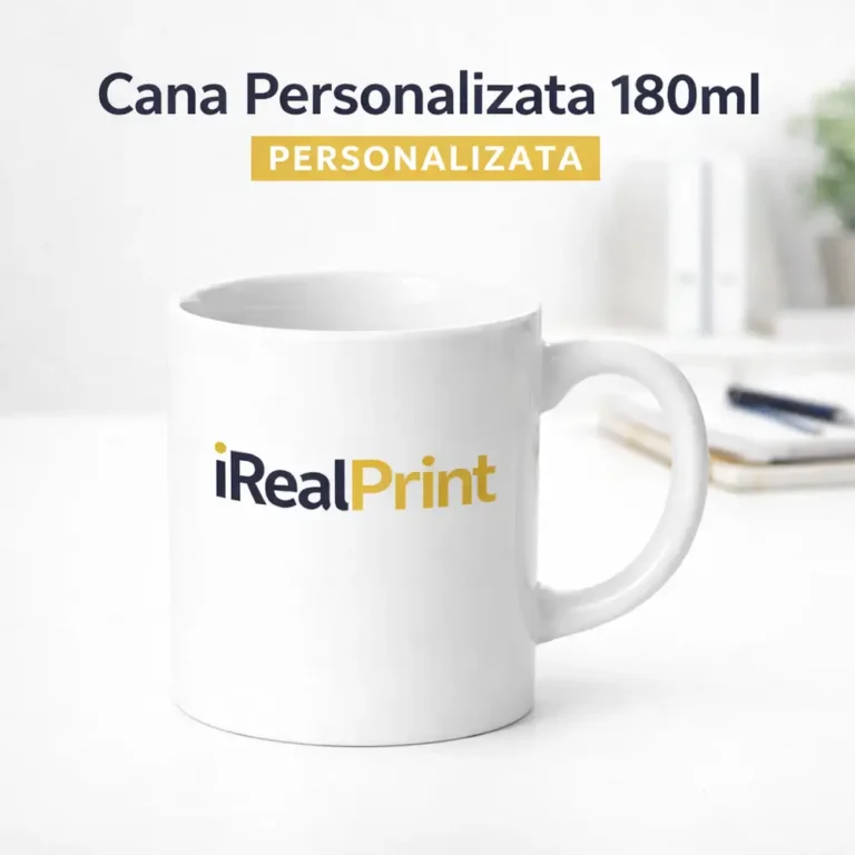 Cană albă personalizată 180ml cu logo iRealPrint utilizată într-un birou modern lângă laptop și agendă, sugerând utilizarea zilnică pentru cafea