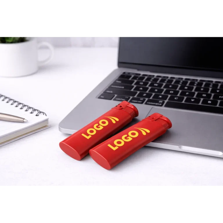 Brichete promoționale roșii personalizate pentru campanii B2B, plasate în context de birou pentru branding profesional și vizibilitate constantă