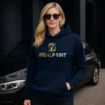Hanorac navy personalizat dama cu logo frontal iRealPrint, design minimalist si impact vizual profesional