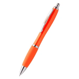 Pix plastic personalizat Elipse portocaliu văzut din lateral pe fundal neutru, pix promoțional din plastic pentru personalizare logo și campanii promoționale corporate