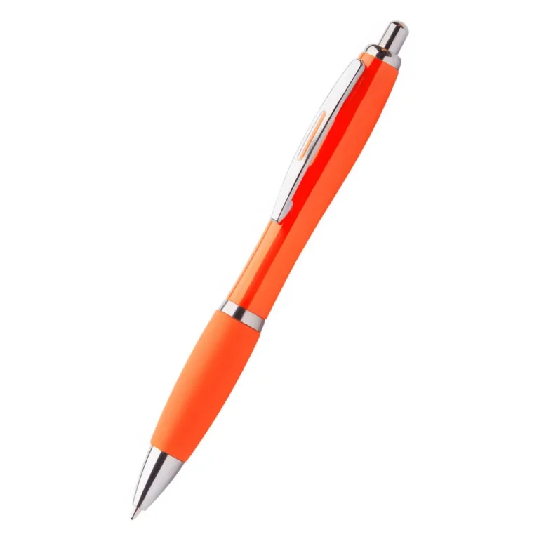 Pix plastic personalizat Elipse portocaliu văzut din lateral pe fundal neutru, pix promoțional din plastic pentru personalizare logo și campanii promoționale corporate