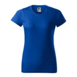 Tricou damă personalizat albastru regal fotografiat din perspectivă laterală pentru evidențierea croielii feminine și a formei produsului