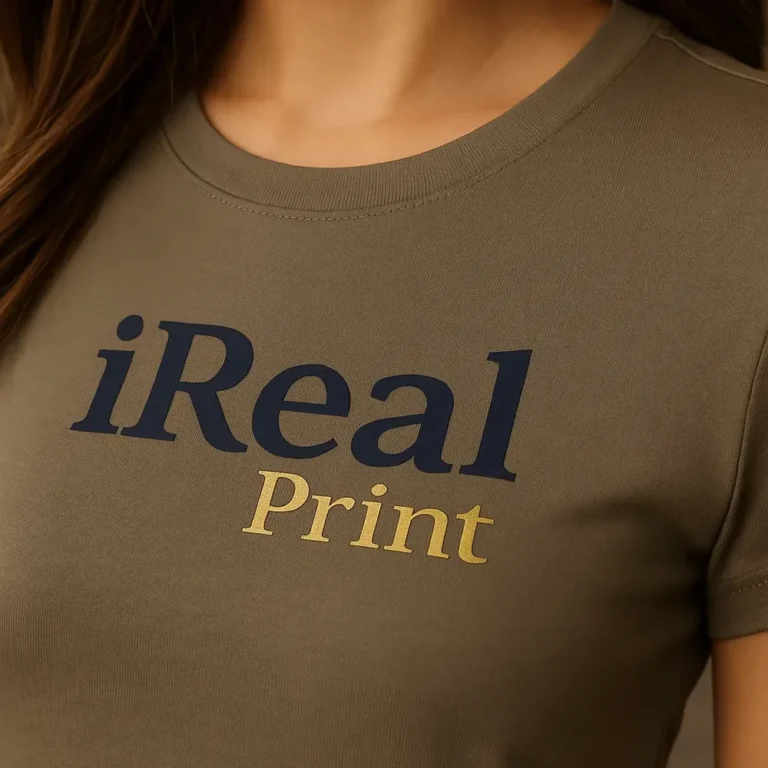 Detaliu personalizare logo aplicat prin transfer termic pe tricou damă army, imprimare clară cu contrast puternic și aspect profesional
