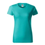 Tricou damă personalizat verde smarald prezentat frontal pe fundal neutru, croială feminină modernă și suprafață ideală pentru personalizare