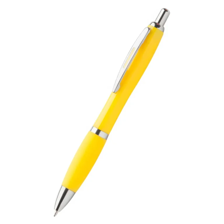 Pix publicitar din plastic galben model Elipse cu mecanism click și design ergonomic, produs promoțional pentru firme și campanii de marketing