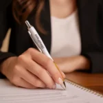 Pix publicitar Elipse White portocaliu folosit pentru completarea documentelor, instrument promoțional utilizat zilnic în birouri și întâlniri profesionale
