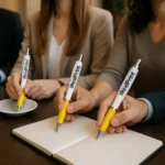 Grup de profesioniști folosind pixuri promoționale Elipse White galbene pentru notițe la întâlnire, produse personalizate pentru evenimente corporate