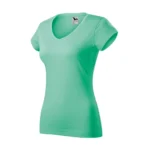 Tricou damă verde mentă cu anchior în V văzut din perspectivă laterală, evidențiind croiala feminină și linia elegantă a materialului