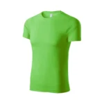 Tricou unisex personalizat verde măr văzut din perspectivă laterală, evidențiind croiala modernă și materialul confortabil