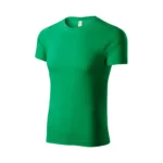 Tricou unisex personalizat verde mediu văzut din perspectivă laterală, evidențiind forma tricoului și materialul confortabil