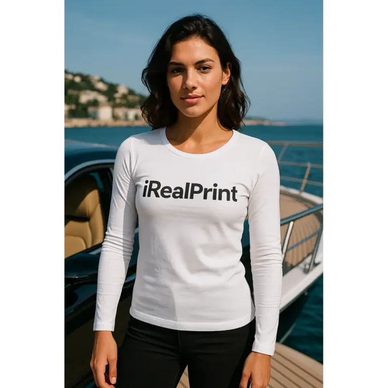 Model feminin purtând bluză albă personalizată iRealPrint într-un cadru urban modern, outfit casual elegant și branding vizibil
