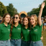 Grup de femei purtând tricouri polo damă personalizate verde sticlă la un eveniment în aer liber, ilustrând utilizarea pentru activări de marketing și promovare