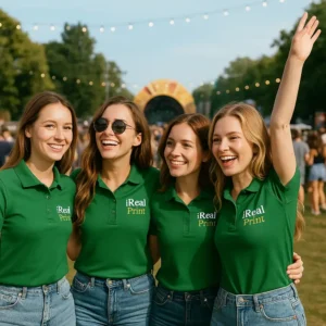 Grup de femei purtând tricouri polo damă personalizate verde sticlă la un eveniment în aer liber, ilustrând utilizarea pentru activări de marketing și promovare
