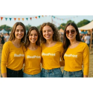 Grup de femei purtând bluze personalizate galben iRealPrint la un eveniment outdoor, stil casual modern și identitate vizuală de echipă