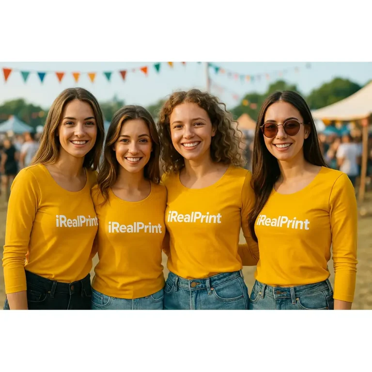 Grup de femei purtând bluze personalizate galben iRealPrint la un eveniment outdoor, stil casual modern și identitate vizuală de echipă