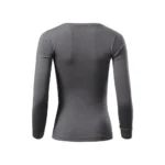 Vedere din spate a unei bluze damă gri metalic cu design minimalist, croială feminină elegantă și suprafață ideală pentru personalizare