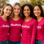 Detaliu bluză damă personalizată roz zmeură cu logo iRealPrint aplicat prin transfer termic profesional