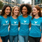 Echipă feminină purtând bluze turcoaz personalizate pentru promovare de brand și imagine vizuală modernă