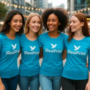 Echipă feminină purtând bluze turcoaz personalizate pentru promovare de brand și imagine vizuală modernă