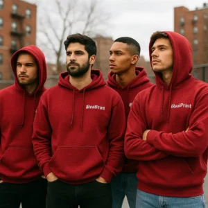Grup de bărbați purtând hanorace personalizate roșu cherry într-un cadru urban, sugerând stil casual modern și identitate vizuală de echipă