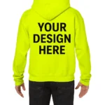 Hanorac personalizat bărbați neon văzut din spate cu design mare „Your Design Here”, evidențiind zona de personalizare dorsală
