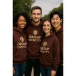 Grup de persoane purtând hanorace personalizate ciocolată dark pentru identitate vizuală puternică, branding de echipă și stil casual modern